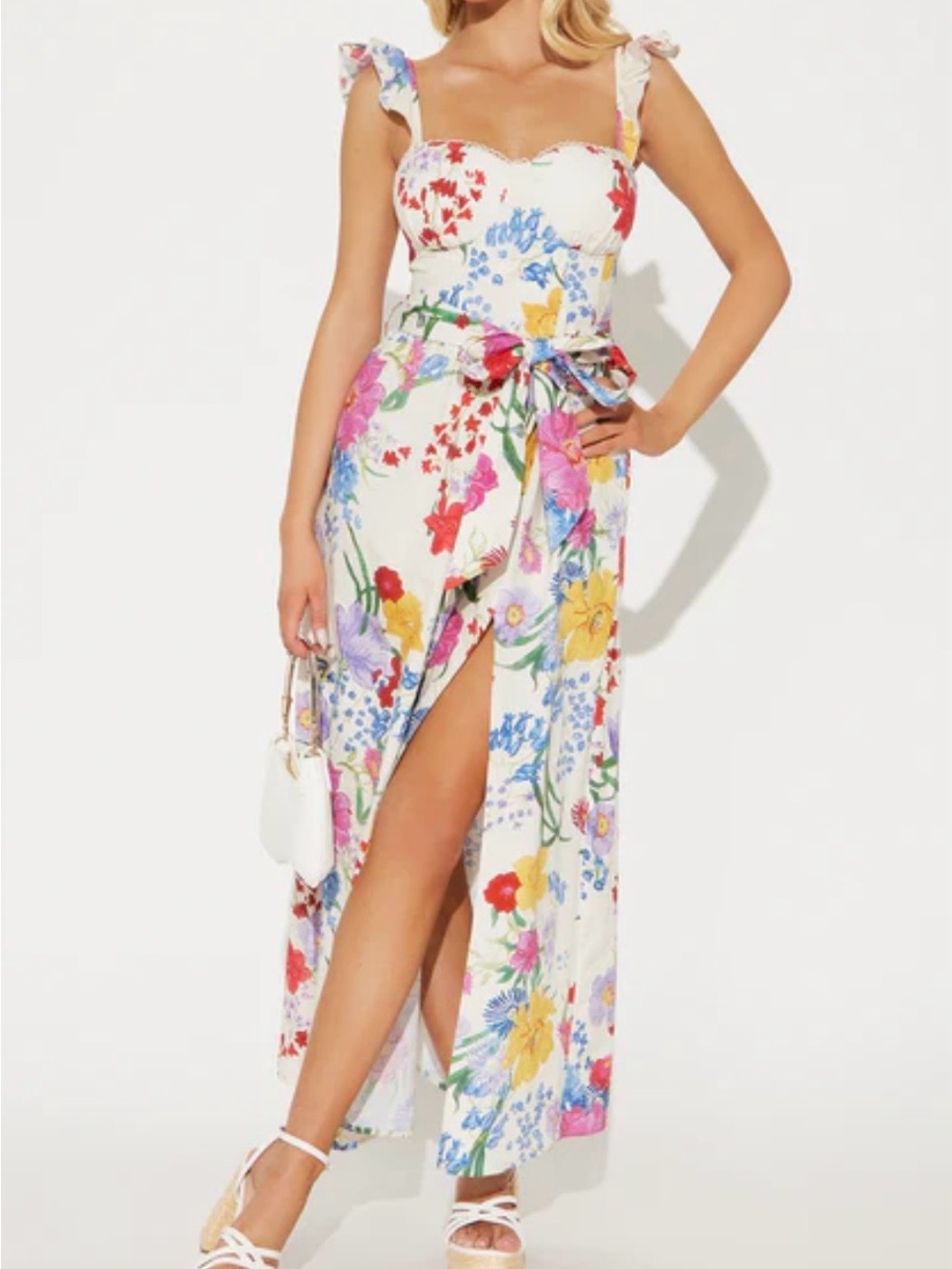 Fashion Nova White Floral Tie-Waist Maxi Dress- NWT